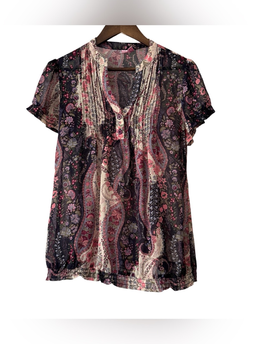 Dolled Up Boho Paisley Floral Blouse Womens Large Sheer Pintuck Peasant Top